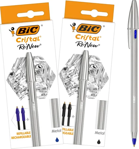 BIC Cristal Re'New - Bolígrafo recargable de alta calidad, en negro y azul, paquete de 2 unidades, incluye 2 recambios de cada color