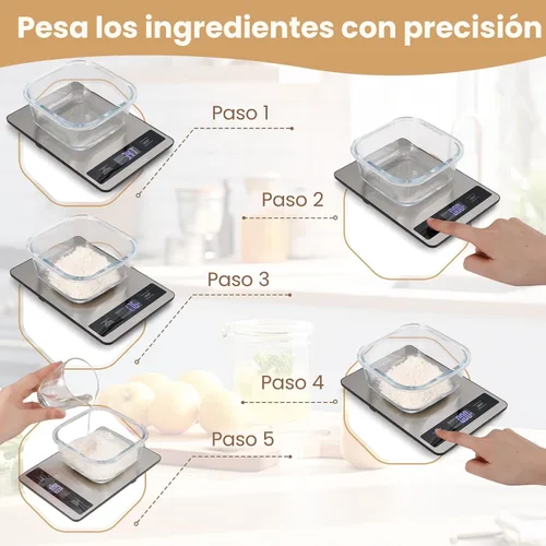 Miniatura 7 de Báscula de alimentos, báscula de cocina de 11 libras con precisión de 0.05 oz/1 g, 6 unidades de función de tara y pantalla LCD, báscula digital