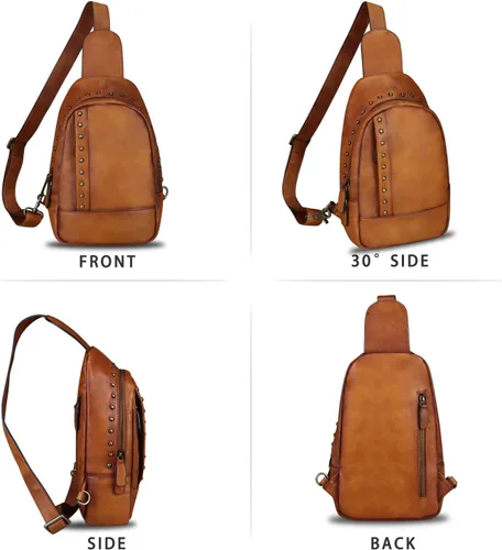 Miniatura 5 de IVTG Bolso bandolera de cuero genuino para mujer, mochila bandolera para el pecho, hombro, senderismo, vintage, hecho a mano, casual, bolso cruzado