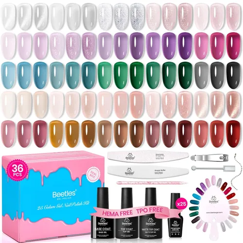 Miniatura 28 de Beetles - Set de 20 esmaltes de gel p/decoración de uñas, colección Fall Yard, purpurina naranja/marrón/rojo/azul marino, semipermanente, LED c/capa