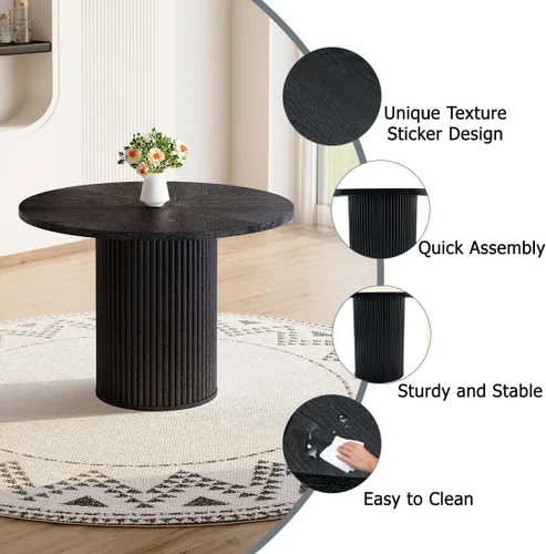 Miniatura 3 de Mesa de comedor redonda para 4-6, mesa de comedor negra con tablero de madera de 42'' y base de pedestal cilíndrico, mesa de cena redonda