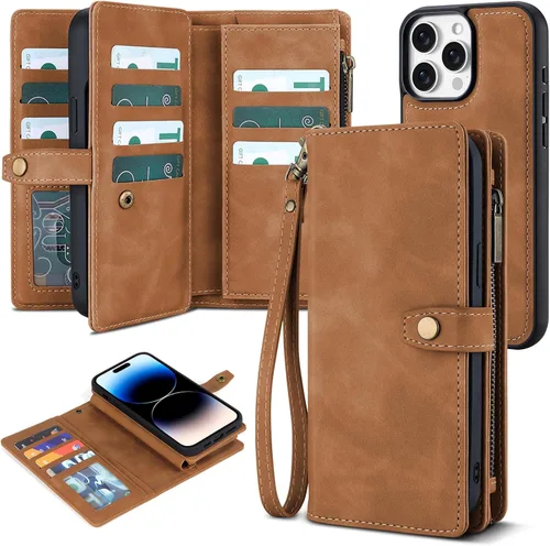 TwoHead Funda tipo cartera para iPhone 14 Pro con tarjetero, funda magnética desmontable de piel sintética para mujeres/hombres, con correa para la