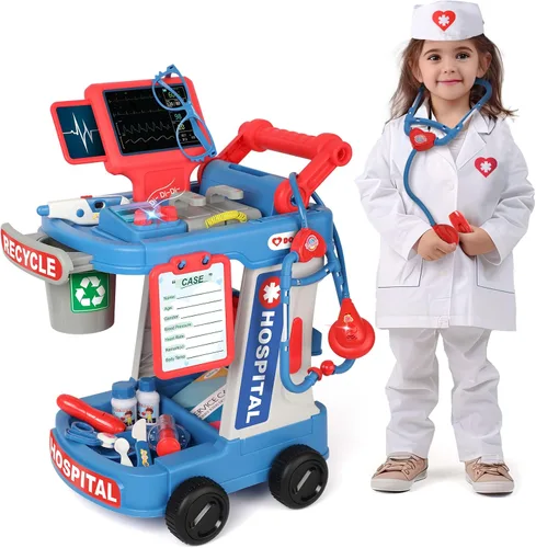 Liberry Kit de médico para niños pequeños de 2, 3, 4, 5 años, juego de médico con carrito, disfraz y estetoscopio, juego de rol, juguetes médicos,