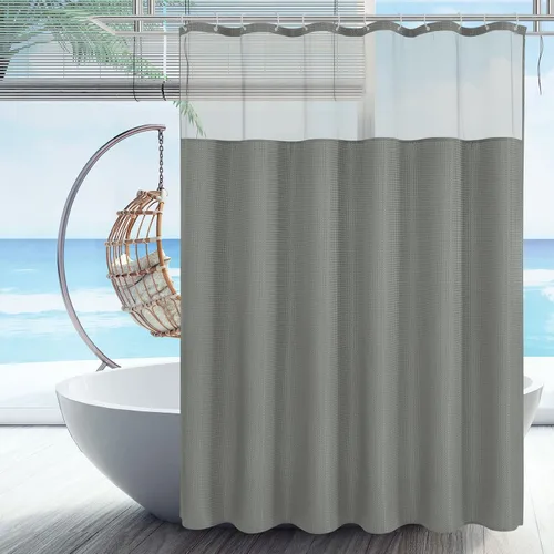 Miniatura 25 de Gibelle Juego de cortina de ducha de tejido gofre con ventana superior de malla y ganchos, cortina de ducha de tela estilo spa para baño, beige, 72