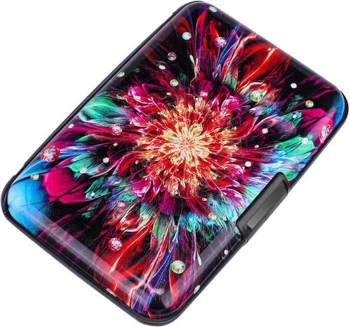 Miniatura 98 de ELFISH Mini cartera de aluminio RFID para tarjetas de crédito, funda de identificación de metal para hombres y mujeres, Happy Flower, Cartera Rfid