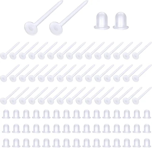 TOAOB - 100 pares de aretes de plástico invisible de 0.118 pulgadas para tachuelas, pequeños hallazgos de cabeza con parte trasera de silicona para