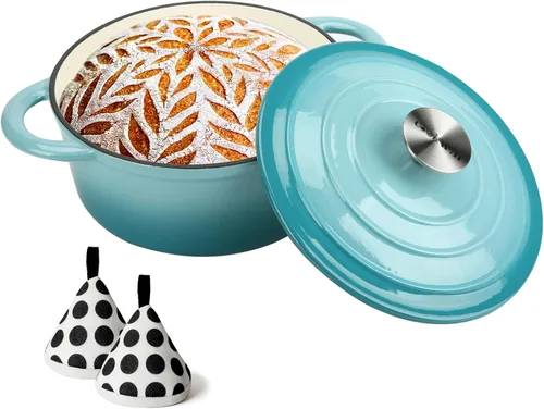 COOKWIN Horno holandés de hierro fundido, olla redonda de 3 QT con tapa autobronceadora para hornear en casa, brasero, cocina, excelentes regalos de