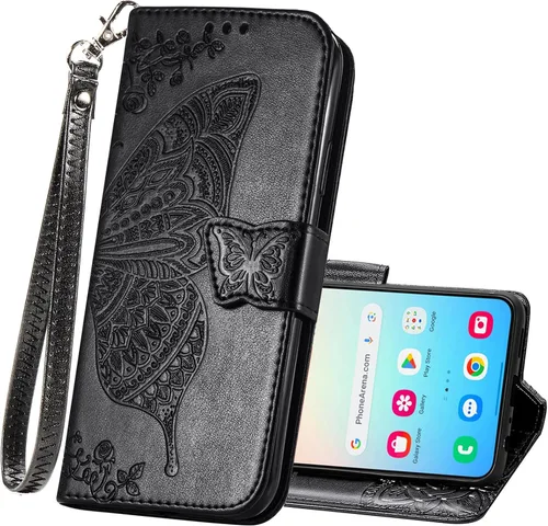 Funda tipo cartera para Samsung Galaxy S24 Plus, funda protectora de piel sintética PU con tapa plegable tipo folio para mujeres, correa para Negro