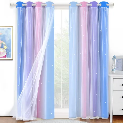 Miniatura 15 de Cortinas Opacas con Corte de Estrella Arcoíris para Dormitorio de Niñas - Doble Capa con Ojales Superiores para Sala de Estar, 2 Paneles