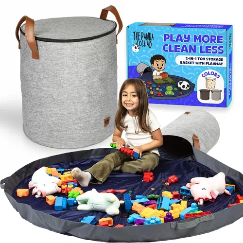 Miniatura 9 de Cesta de almacenamiento de juguetes y tapete de juego, tapete de almacenamiento grande para mantas de juguetes con cremalleras, contenedor