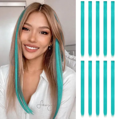 Miniatura 11 de FESHFEN Extensiones de cabello con clip de colores, 16 piezas de 8 colores resaltados, piezas de cabello sintético lacio con clip para mujer, 22