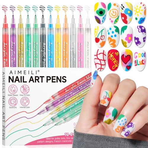 AIMEILI Juego de bolígrafos de arte de uñas de 12 colores, bolígrafos de pintura acrílica de punta fina para salón y hogar, diseño de uñas, pincel