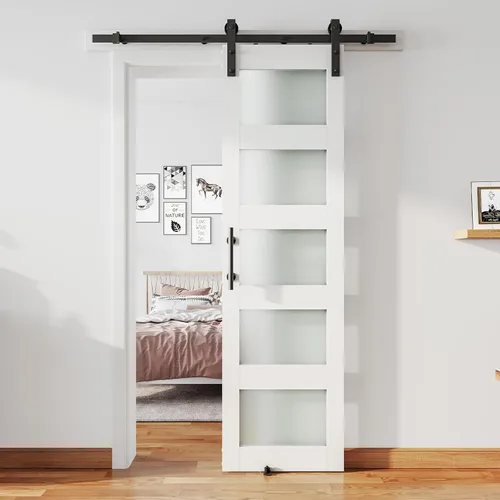 Miniatura 13 de Puerta de granero de vidrio de 32 x 84 pulgadas y kit de herrajes de 6 pies incluido, losa de puerta de granero blanco MDF con vidrio esmerilado