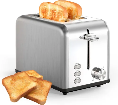 Miniatura 8 de Simple Deluxe Tostadora de 2 rebanadas, 6 ajustes de tostado y tostadora de acero inoxidable de 3 funciones, ranura extra ancha y bandeja extraíble