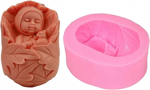 Molde de jabón para bebé durmiendo con oso de juguete, MoldFun Cute Baby envuelto en hojas, molde de silicona para barra de loción, bomba de baño,
