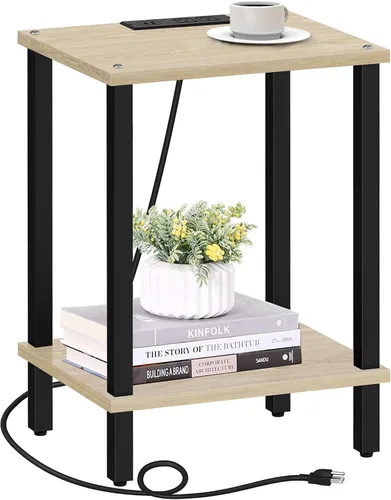 Miniatura 20 de TUTOTAK Mesa auxiliar con estación de carga, pequeña mesa auxiliar con tomas de corriente, mesita de noche, mesa de cabecera, estante de Gris beige