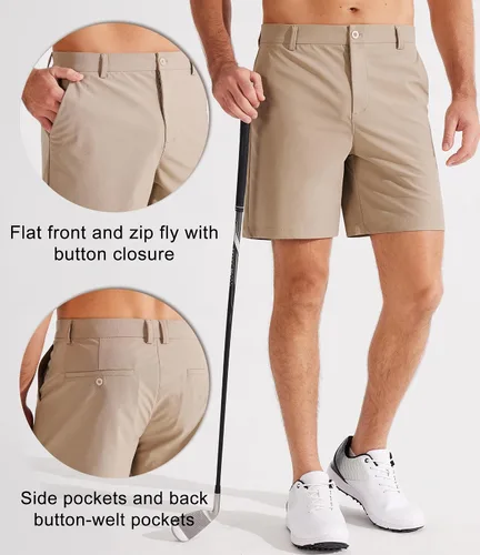 Miniatura 3 de Libin Pantalones cortos de golf para hombre, pantalones cortos de vestir casuales de trabajo con frente plano de 7 pulgadas y 9 pulgadas, elásticos