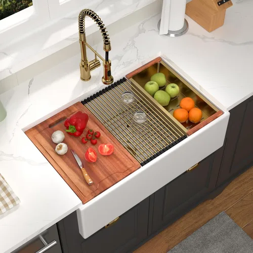 Miniatura 20 de Fregadero de 33 unidades de arcilla refractaria de 33 x 20 x 10 pulgadas, color blanco, fregadero de cocina de porcelana de cerámica, estilo casa