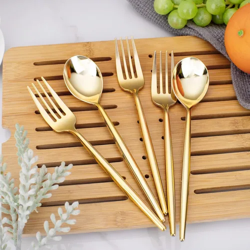Miniatura 3 de SUT Juego de 200 piezas de tenedores y cucharas de plástico dorado resistente, cubiertos desechables dorados, cubiertos de oro, utensilios