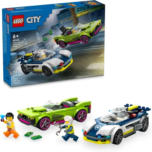LEGO Coche de policía de la ciudad y persecución de autos musculares, juguete de vehículo de emergencia para niños y niñas, regalo divertido para