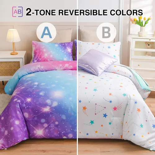 Miniatura 2 de A Nice Night Juego de ropa de cama de 6 piezas con gradiente de purpurina para niñas de tamaño completo, juego de edredón de arcoíris y galaxia