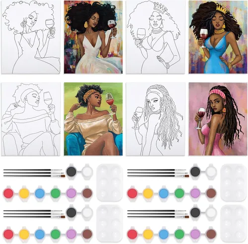 Miniatura 17 de VOCHIC Paquete de 4 kits de fiesta de 8 x 10 pulgadas, kit de pintura de lienzo predibujado para pintura para adultos, suministros de pintura