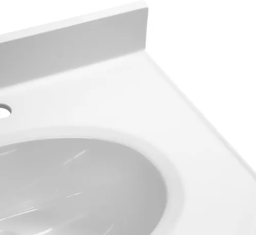 Miniatura 11 de Design House Tapa de tocador con lavabo, protector contra salpicaduras de 4 pulgadas, mármol cultivado, resistente a las manchas, agujeros Blanco