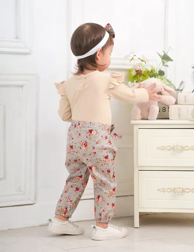 Miniatura 5 de KANGKANG Ropa de bebé recién nacida, mameluco acanalado con mangas con volantes + pantalones florales + diadema lindo traje de bebé niña 3 piezas