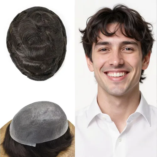 Miniatura 18 de FNY HAIR - Tupé para hombres, sistema de cabello humano, piel ultrafina, PU con bucle en V, prótesis de cabello natural para hombres, #1B05 1B# OFF