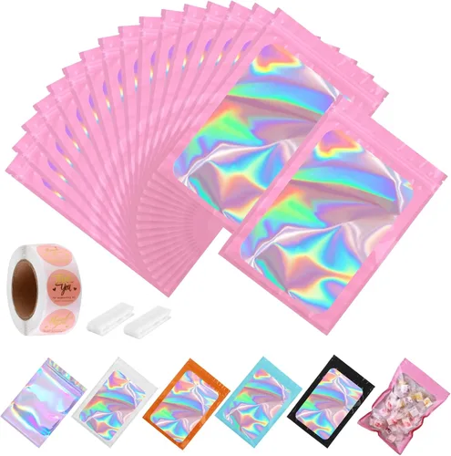 Miniatura 35 de Paquete de 150 bolsas holográficas de Mylar de 5 x 8 pulgadas con ventana transparente, pequeñas bolsas de papel de aluminio resellables