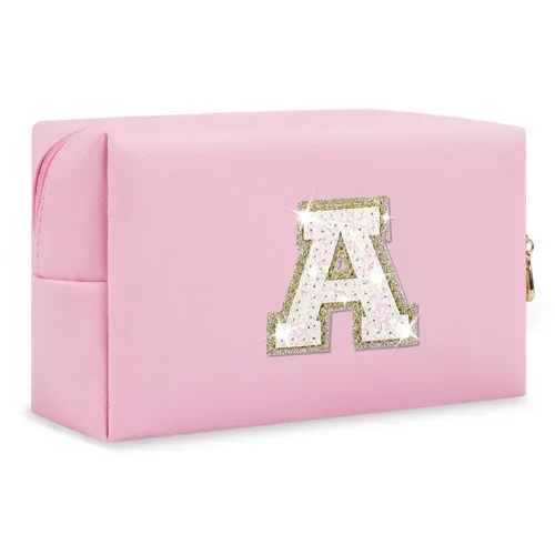Miniatura 104 de Pequeña bolsa de maquillaje personalizada con inicial A-Z Preppy Patch, bolsa de cosméticos de viaje de felpilla blanca con cremallera, bonita bolsa