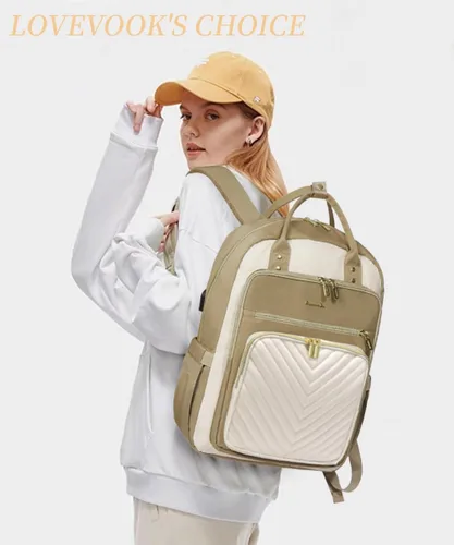 Miniatura 8 de LOVEVOOK Mochila para laptop para mujer, mochila de trabajo de moda con puerto USB, mochilas impermeables para el trabajo., Caqui-beige, 15,6 pulg.