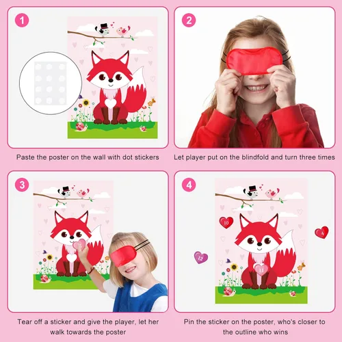 Miniatura 3 de PLULON Juego de San Valentín para niños, pin corazón en zorro con 24 calcomanías de corazón, póster para niñas y niños, decoraciones de fiesta