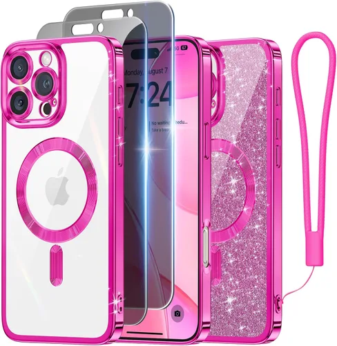 Miniatura 7 de Meifigno Candy Mag Series - Funda diseñada para iPhone 15 Pro, compatible con MagSafe, tarjeta con purpurina y correa de muñeca, protección completa