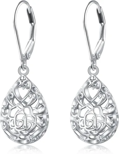 Miniatura 98 de Aretes colgantes de filigrana de plata de ley 925, margarita, loto, flor de rosa, piedra lunar, lágrima para mujer, nudo celta infinito, margarita