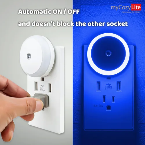 Miniatura 4 de Luz nocturna LED azul, enchufable, sensor inteligente del atardecer al amanecer, luz nocturna redonda pequeña, ahorro de energía, luz nocturna