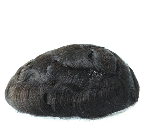 Miniatura 5 de Unidad de sistema de reemplazo de cabello para hombre, revestimiento de poliéster duradero, piel fina, tupé negro, línea capilar natural, cabello