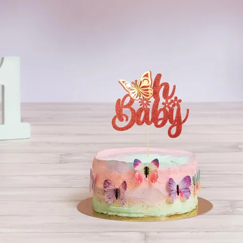 Miniatura 5 de Gyufise 1 pieza de mariposa Oh Baby Cake Topper Glitter Baby Shower Butterfly Cake Pick para revelación de género Baby Shower Niños fiesta de Rojo