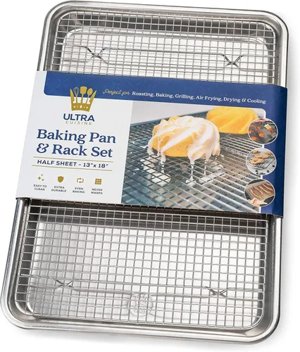 Ultra Cuisine - Juego de bandeja para hornear de aluminio con estante de enfriamiento de acero inoxidable - Bandeja de tamaño mediano de 13 x 18