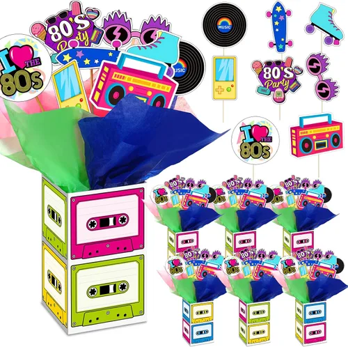6 juegos de decoraciones retro de los años 80 para fiestas de los 80, centros de mesa retro de hip hop con caja de cinta de casete recortes y palos