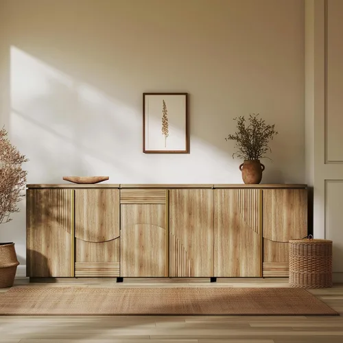 Miniatura 10 de BELLEZE - Gabinete de aparador de 31 pulgadas de estilo moderno de mediados de siglo, gabinete de buffet con arco de madera y almacenamiento, mesa