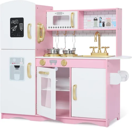 Kinder King Cocina de madera para niños, juego de cocina de juguete para niños pequeños, horno de simulación, microondas, teléfono, pizarra, puertas