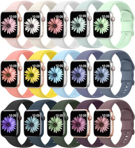 SuperNaNa - Paquete de 15 bandas de silicona suave compatibles con Apple Watch de 38, 40, 41, 42, 44, 45, 46 y 49 mm, correas deportivas unisex de