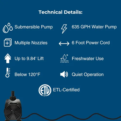 Miniatura 5 de Teamson Home Bomba de agua sumergible ajustable de 635 GPH de 50 W con un cable de alimentación de 6 pies y 3 boquillas diferentes para peceras