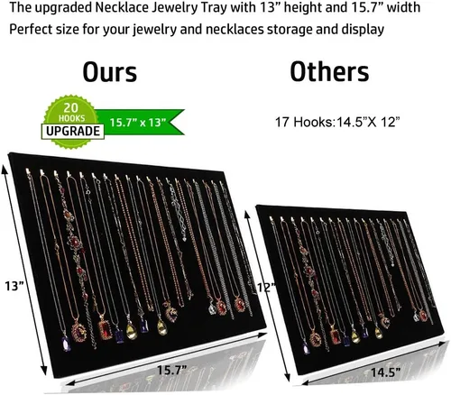 Miniatura 2 de Organizador de joyas de terciopelo mejorado de 15.7 x 13 pulgadas, 20 ganchos, bandeja, bloc, vitrina, vitrina (paquete de 2)