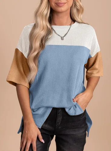 Miniatura 2 de EVALESS Camisetas de verano de manga corta con cuello redondo para mujer, bloque de color, ligeras
