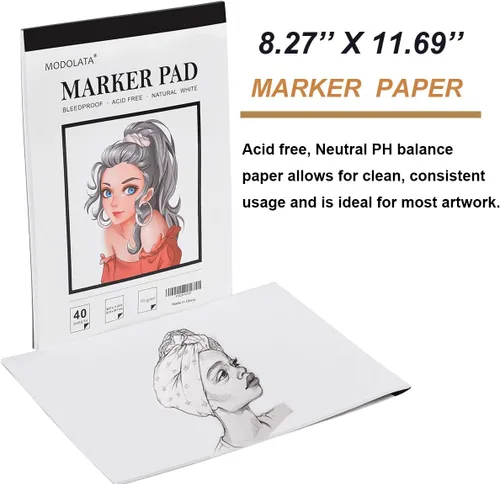 Miniatura 2 de Cuaderno de bocetos de papel marcador, bloc de marcadores artísticos a prueba de sangrado, (8.27 x 11.69) pulgadas, blanco, 40 hojas