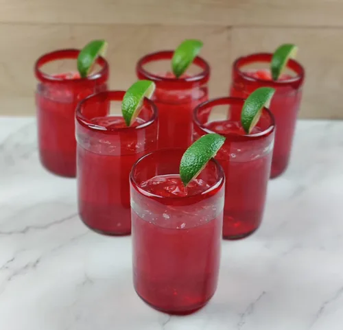 Miniatura 5 de Dos Sueños Vasos mexicanos soplados a mano, juego de 6 vasos con bordes rojos (14 onzas cada uno)
