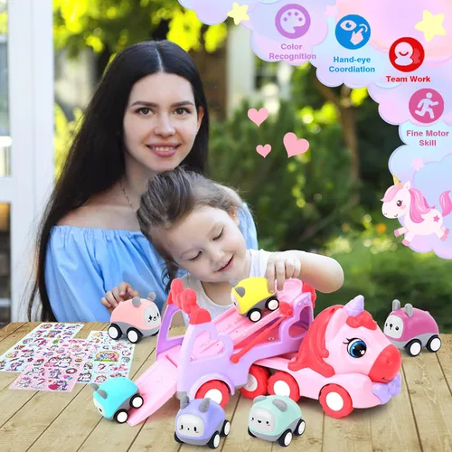 Miniatura 9 de Vehículo de camión 7 en 1 para niños pequeños de 2 a 4 años, auto de unicornio con luces y música, juguetes para niñas de 2 a 4 años, juguetes
