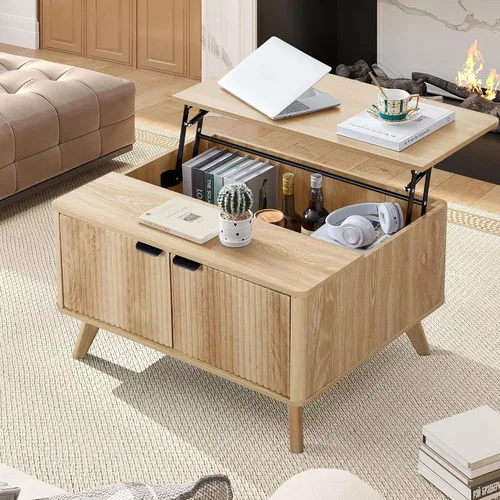 Miniatura 14 de XUZENEST - Mesa de café redonda de 31.5" con almacenamiento, mesa de café de 2 niveles de mediados de siglo moderna con puerta deslizante de tambor